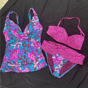 Lilly Pulitzer Teal and Hot Pink Floral Tankini with Animal-Print Bikini